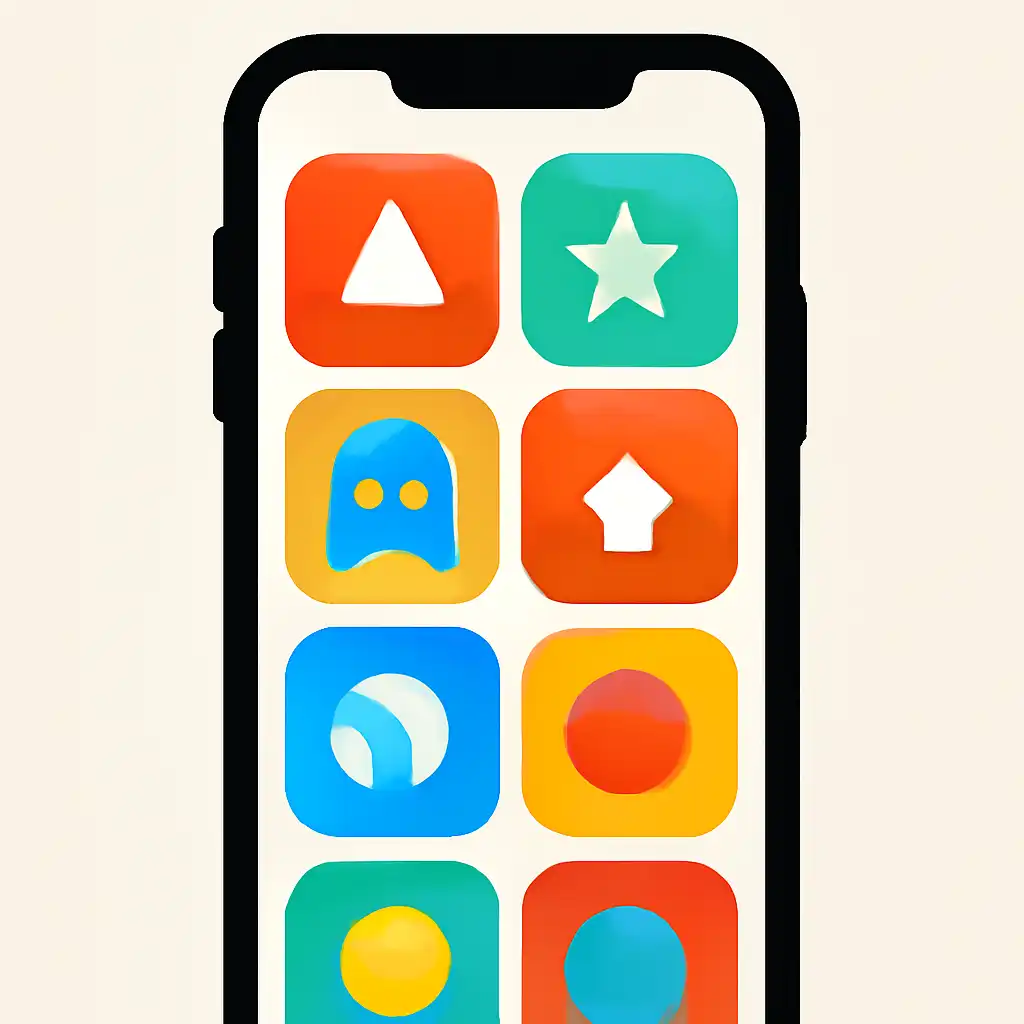 Smartphone shown from the front displaying a colourful flat layout of abstract game icons and rounded tiles (no text, no letters, no labels), BDG Net