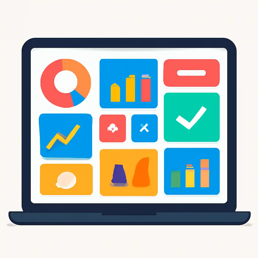 Laptop shown from the front displaying a colourful flat dashboard of abstract charts, bars and icon tiles (no text, no letters, no labels), BDG Net