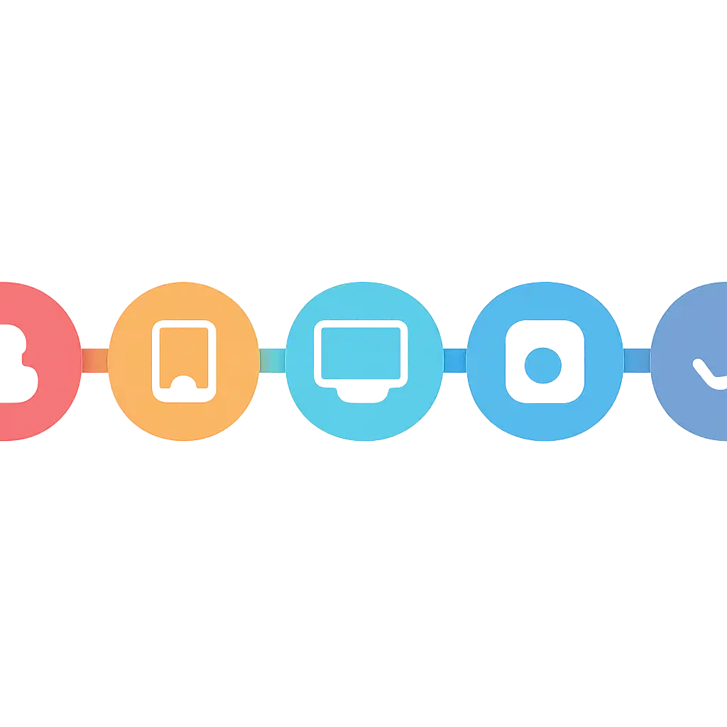 Five numbered circular icons connected by arrows in a horizontal flow, flat illustration, icons only, no words, BDG Net steps