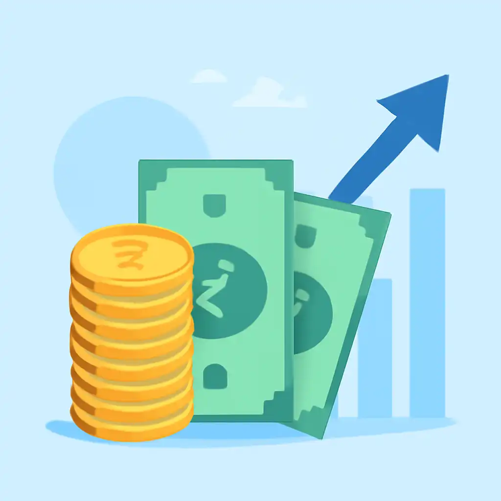 Coins stack and rupee notes: BDG Net earnings illustration