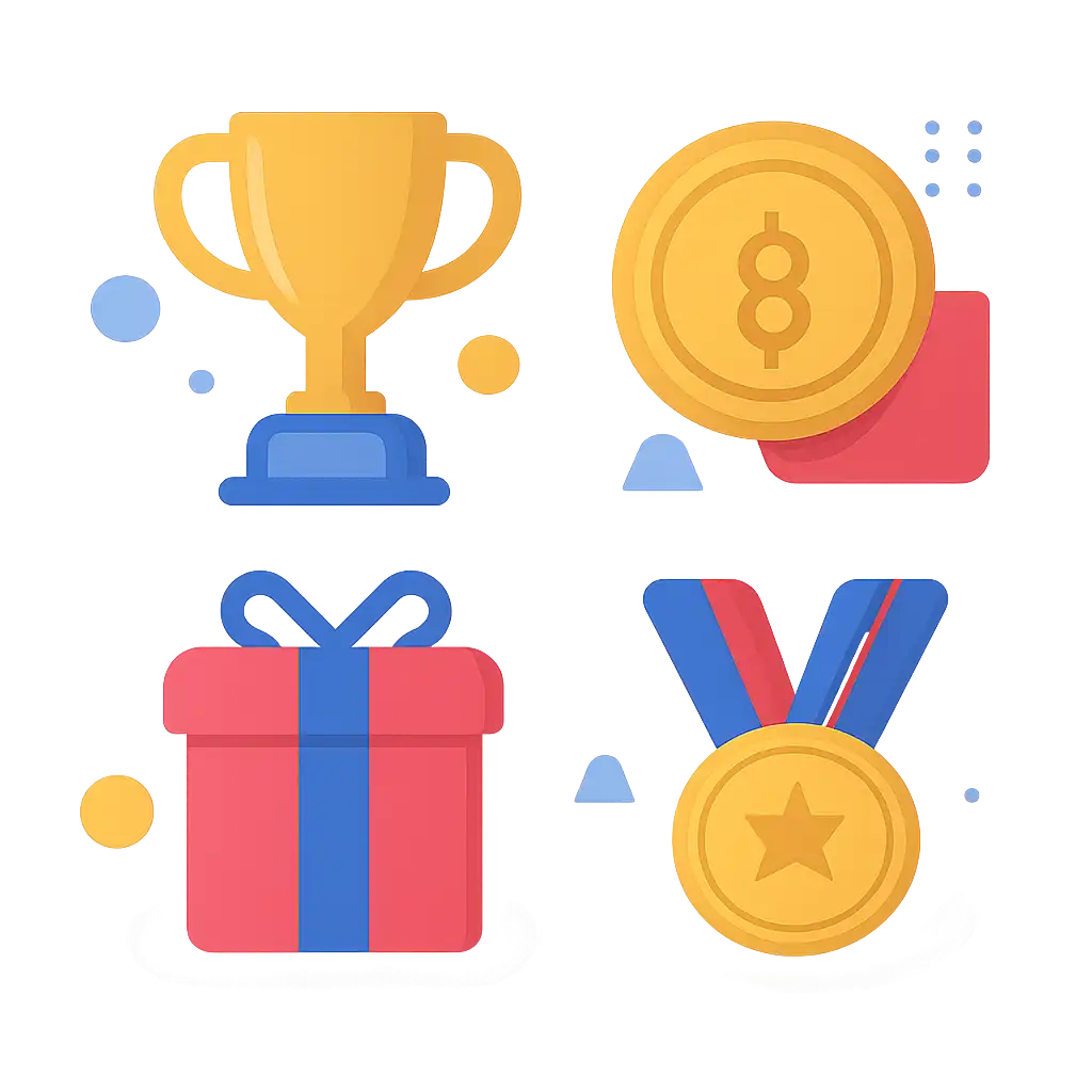 Trophy and reward icons: BDG Net bonuses graphic